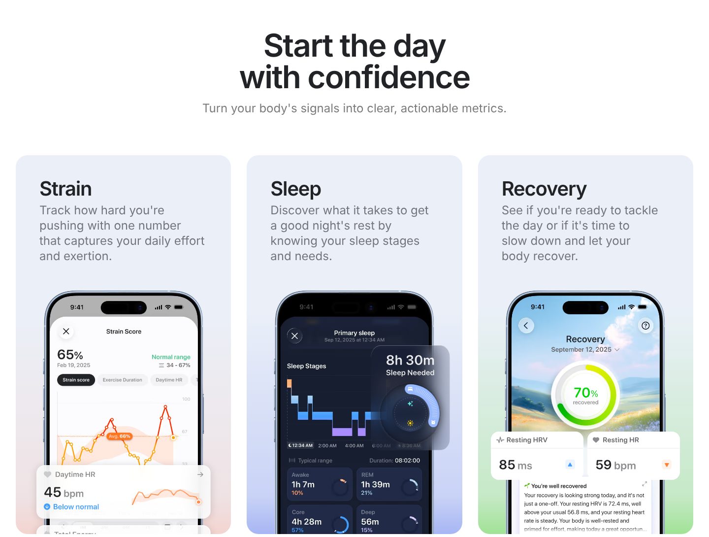 Features shown as real screens, on the Bevel website