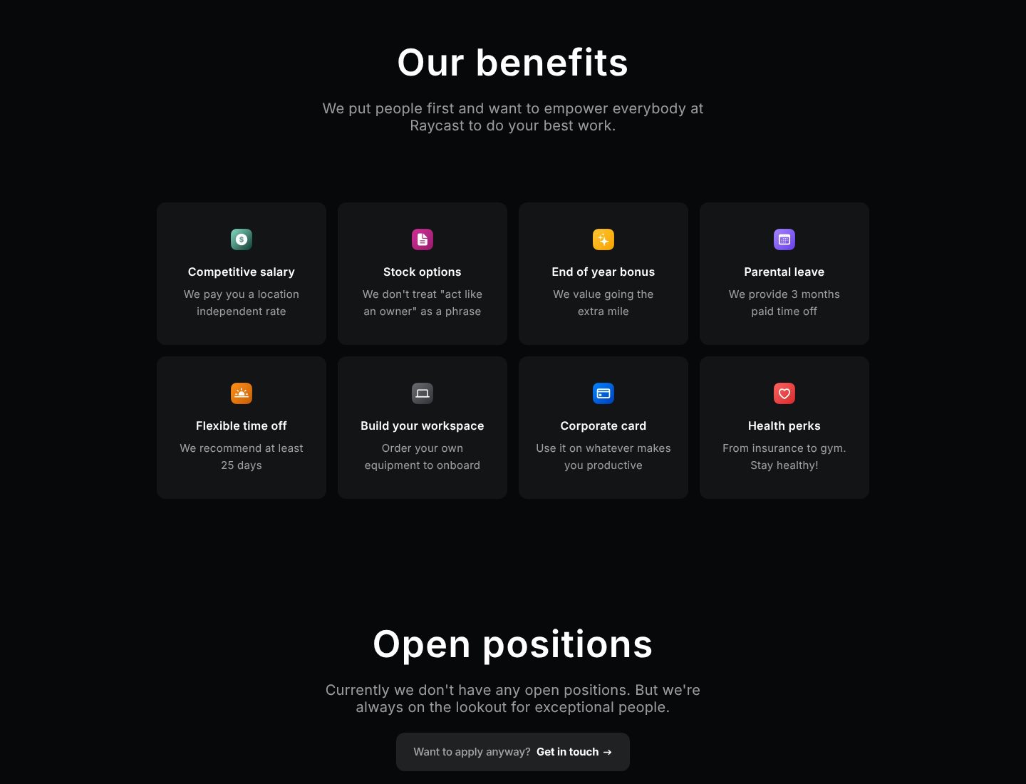 Benefits, with numbers, on the Raycast website