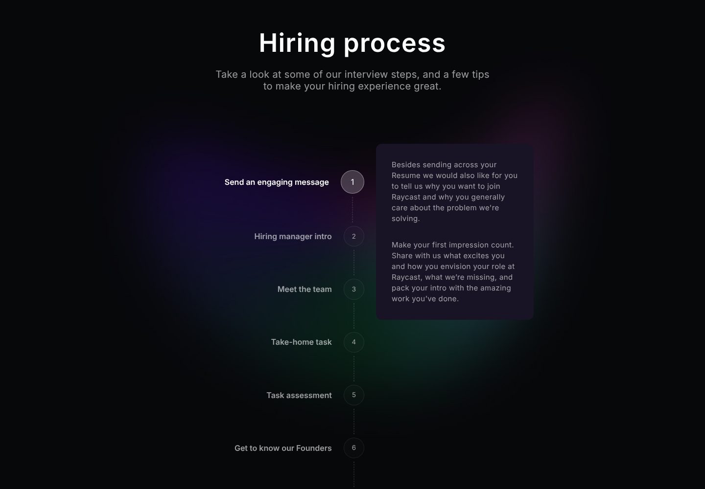 The hiring process, step by step, on the Raycast website