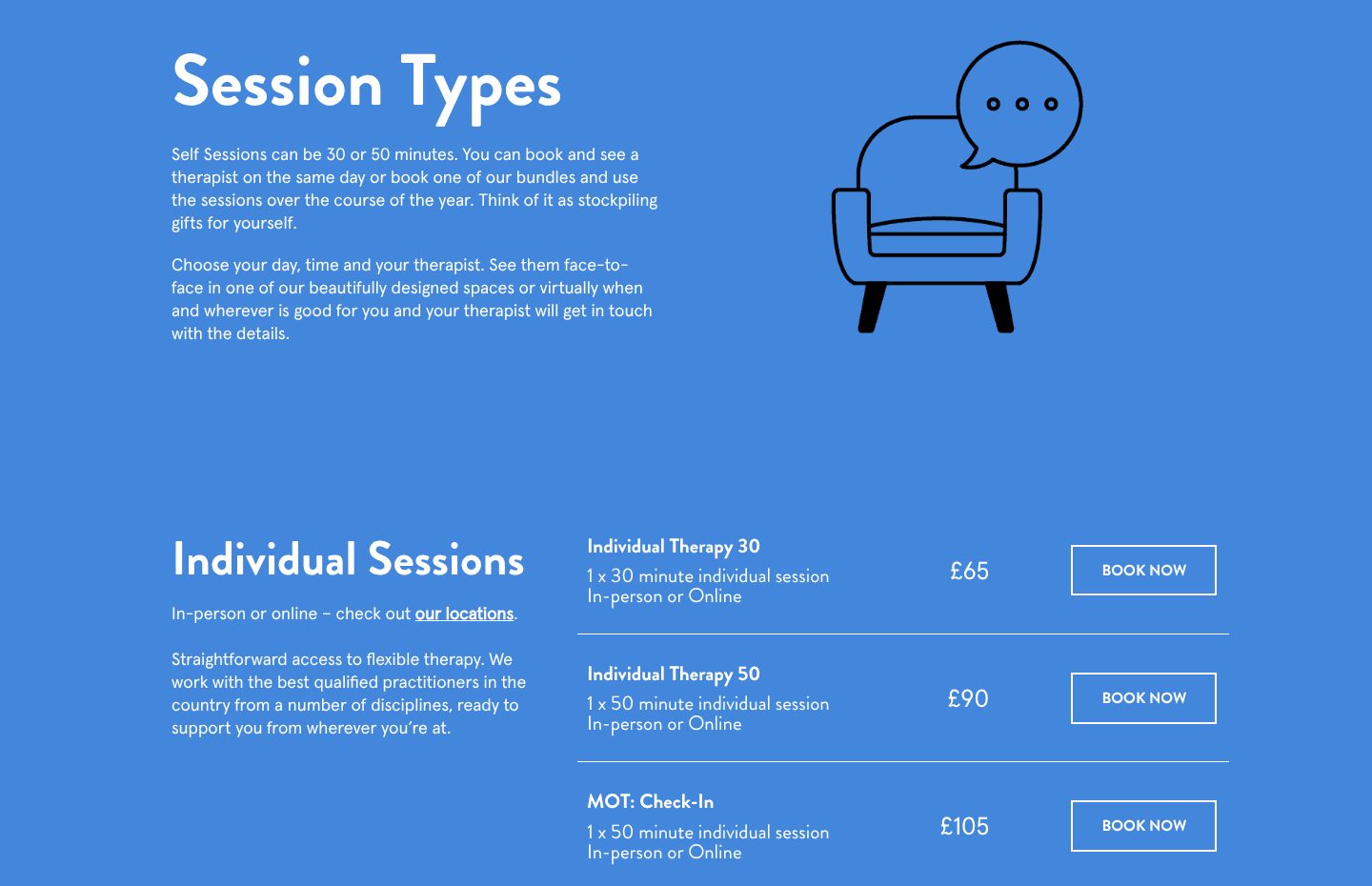 Fees and session length, on the Self Space website