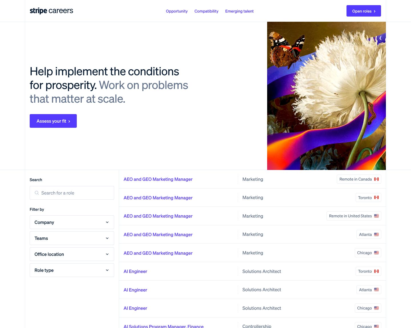 Open roles you can search, on the Stripe website