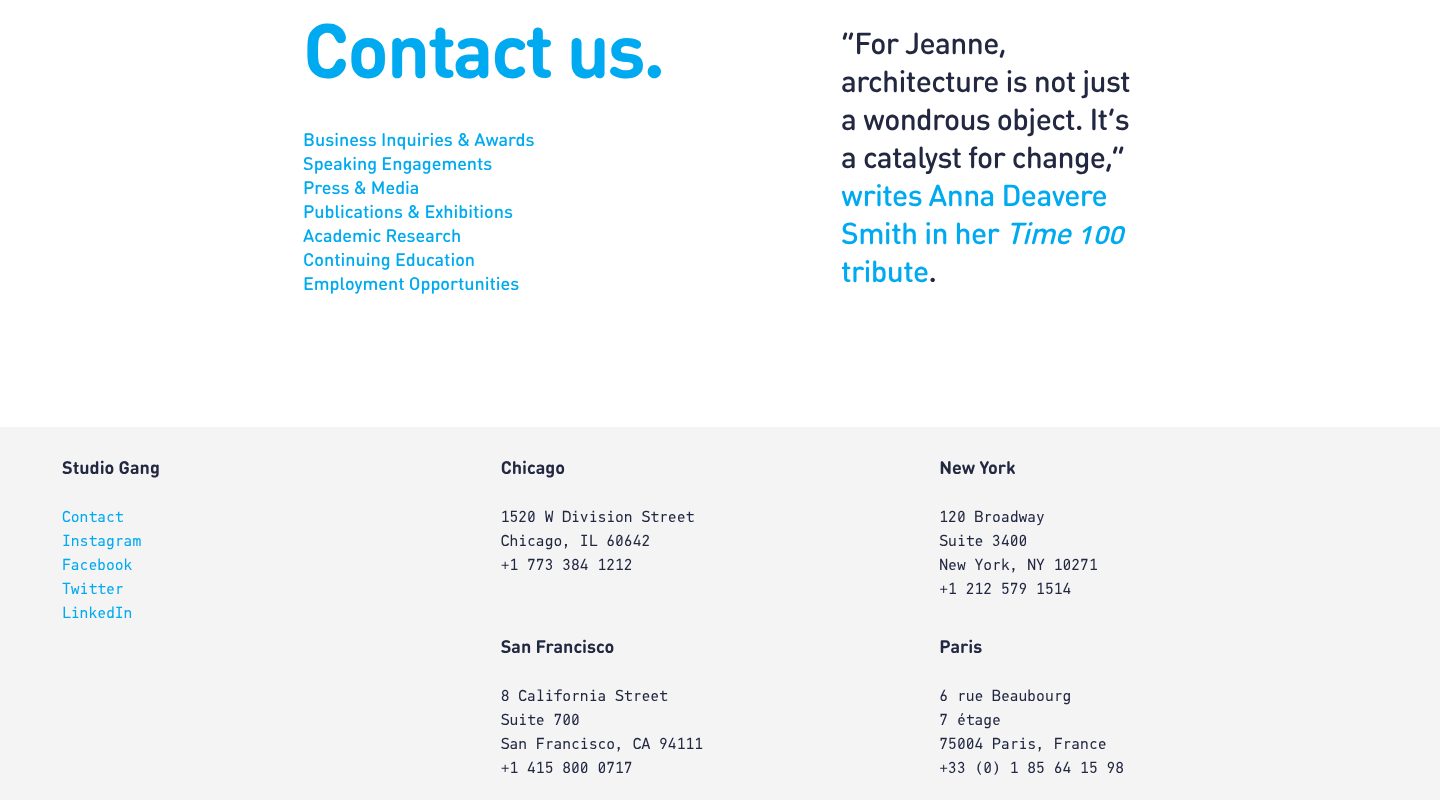 Contact, by reason, on the Studio Gang website