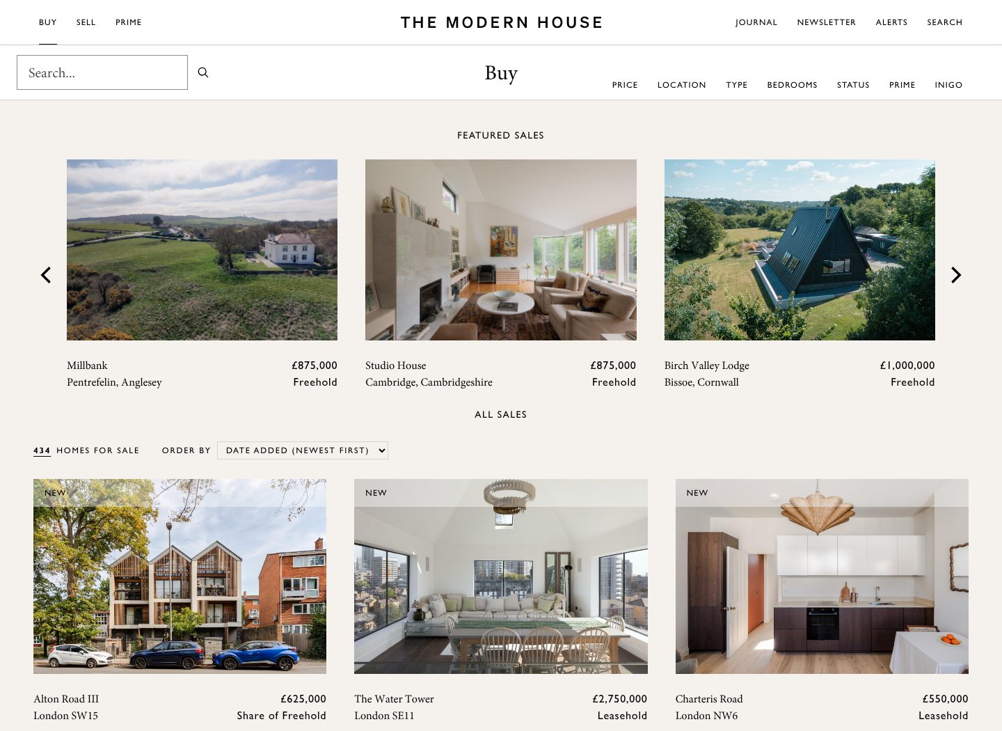 A search that filters like a buyer thinks, on the The Modern House website