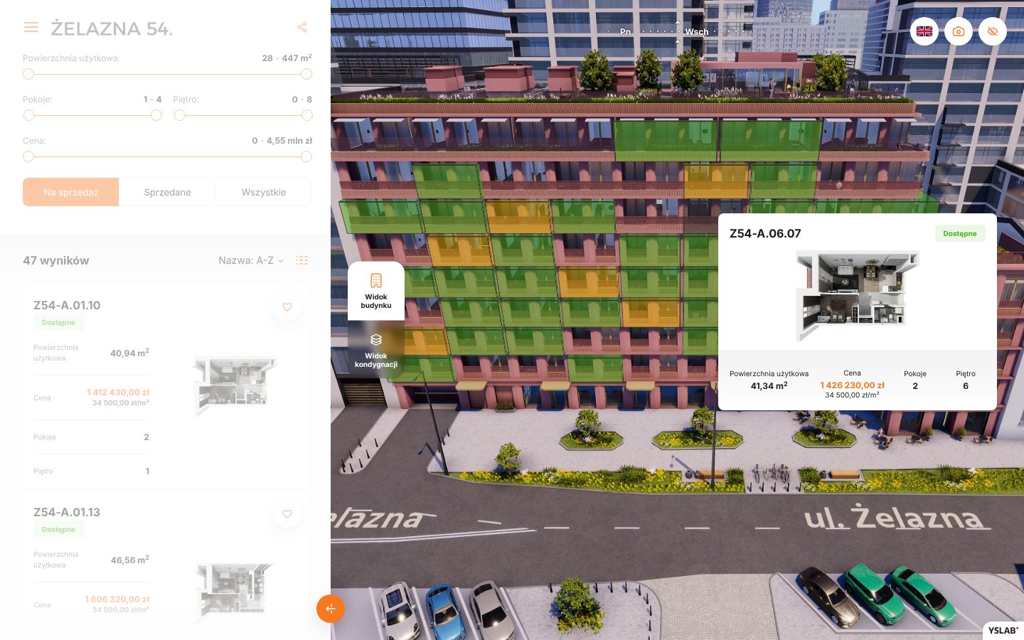 A finder with live availability, on the Żelazna 54 website